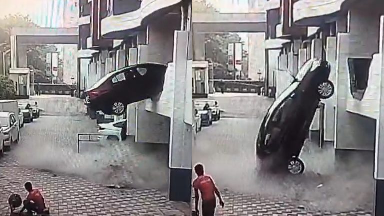 pune-car-accident-car-plummeting-from-first-floor-of-pune-apartment-watch-shocking-cctv-video