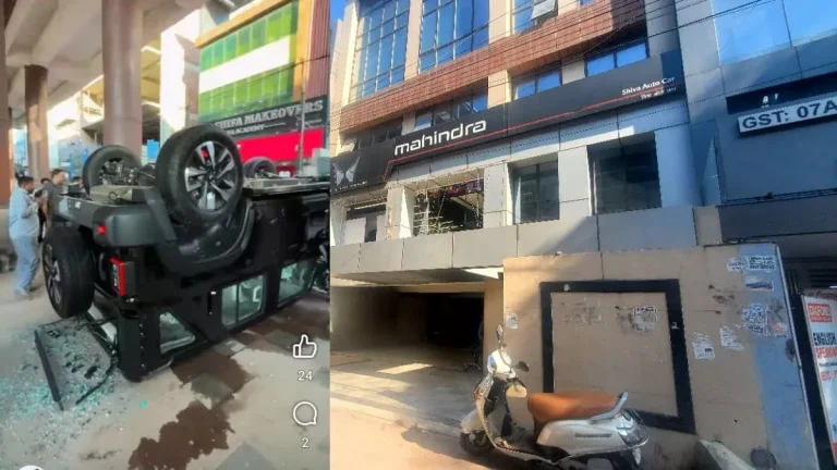 woman-crashes-new-mahindra-thar-off-first-floor-of-showroom-in-delhi-during-puja