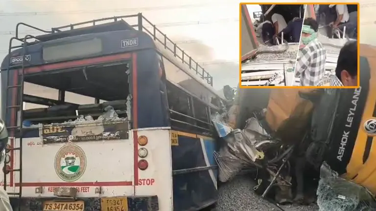 telangana-rangareddy-road-accident-20-dead-many-injured-in-rtc-bus-dumper-collision