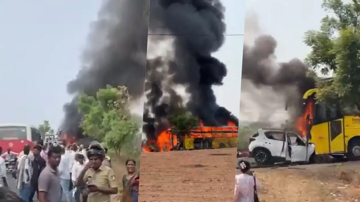 देवदर्शनाला निघालेल्या कुटूंबावर काळाचा घाला,  खासगी ट्रॅव्हल्स अन् कारच्या भीषण अपघातात 6 जणांचा होरपळून मृत्यू